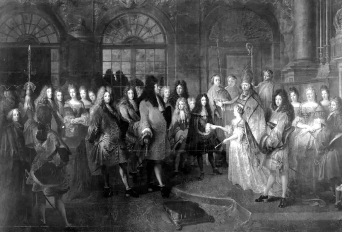 Framed Print : Marriage of the Duc de Bourgogne and Princess Marie-Adelaide of Savoy, 7th December Framed Print : Marriage of the Duc de Bourgogne and Princess Marie-Adelaide of Savoy, 7th December