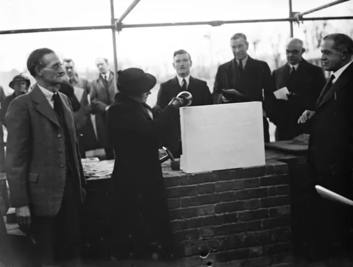 Framed Print : The Mayoress of Woolwich, Mrs Berry, lays the foundation stone. 25 January 1936 Framed Print : The Mayoress of Woolwich, Mrs Berry, lays the foundation stone. 25 January 1936
