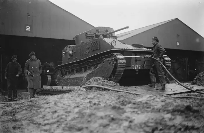 Framed Print : Mechanical Army manoeuvres on Salisbury Plain. Men of the Tank Corps giving one Framed Print : Mechanical Army manoeuvres on Salisbury Plain. Men of the Tank Corps giving one