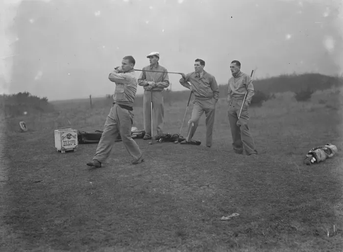 Framed Print : Members of Arsenal Football Club on the Dyke golf links at Brighton. Cliff Bastin driving off Framed Print : Members of Arsenal Football Club on the Dyke golf links at Brighton. Cliff Bastin driving off