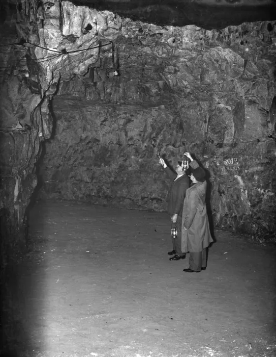 Framed Print : Men inside the Chislehurst caves at the explosive stores. 1938 Framed Print : Men inside the Chislehurst caves at the explosive stores. 1938