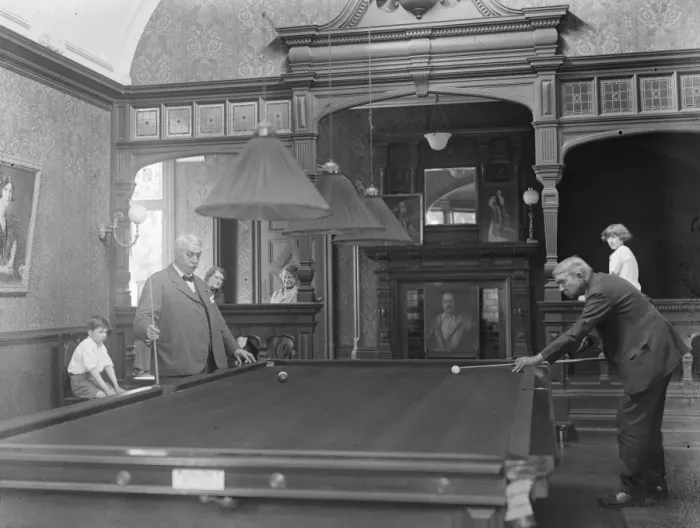Framed Print : Men playing billiards at Oakhill. 1928
