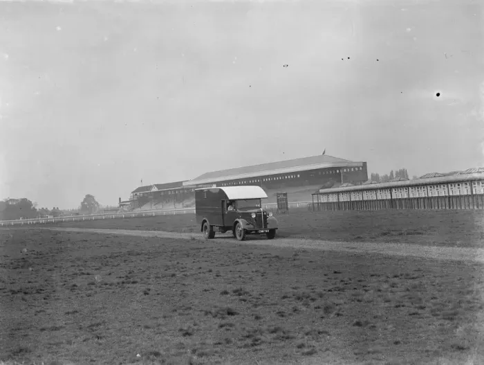 Framed Print : Men using a Bedford truck to set up the totalisators at Hurst Park Racecourse in Molesey Framed Print : Men using a Bedford truck to set up the totalisators at Hurst Park Racecourse in Molesey