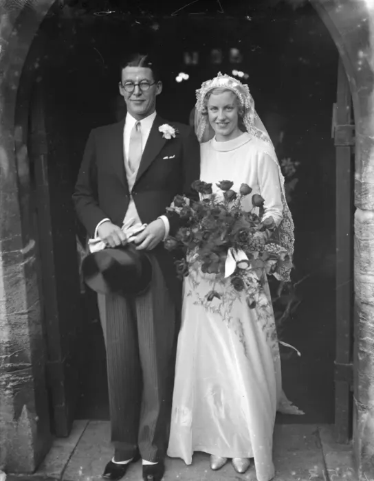 Framed Print : The Miles and Crabb wedding at Orpington, Kent. The bride and groom as they leave the church Framed Print : The Miles and Crabb wedding at Orpington, Kent. The bride and groom as they leave the church