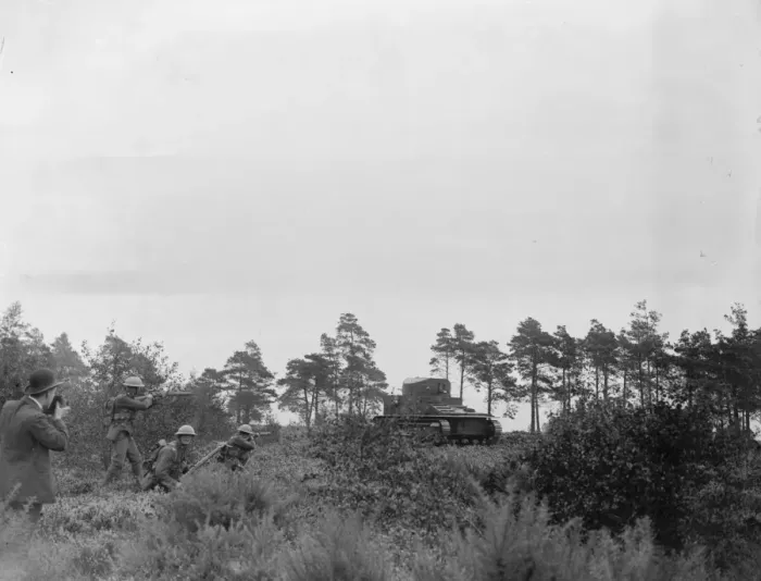 Framed Print : Military operations at Fox Hill, Aldershot. Cavalry versus tanks. A tank in Framed Print : Military operations at Fox Hill, Aldershot. Cavalry versus tanks. A tank in