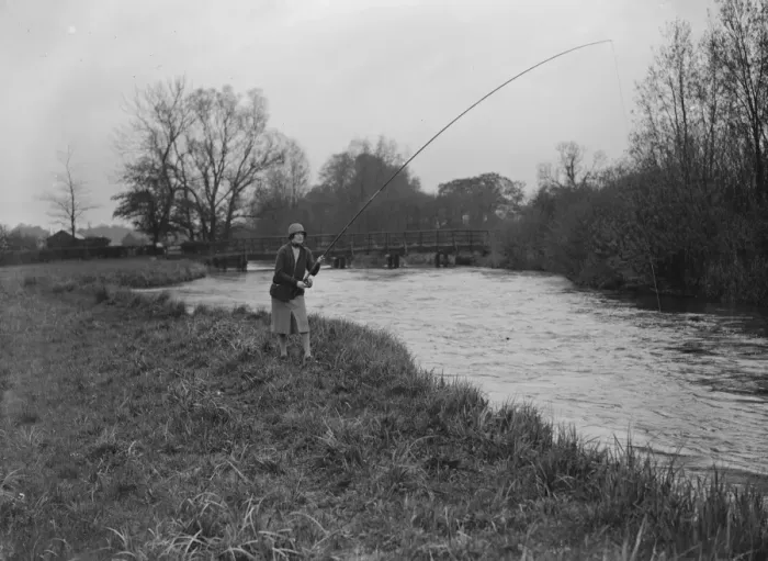 Framed Print : Miss Ashley Salmon Fishing on the Test at Broadlands. 30 September 1922