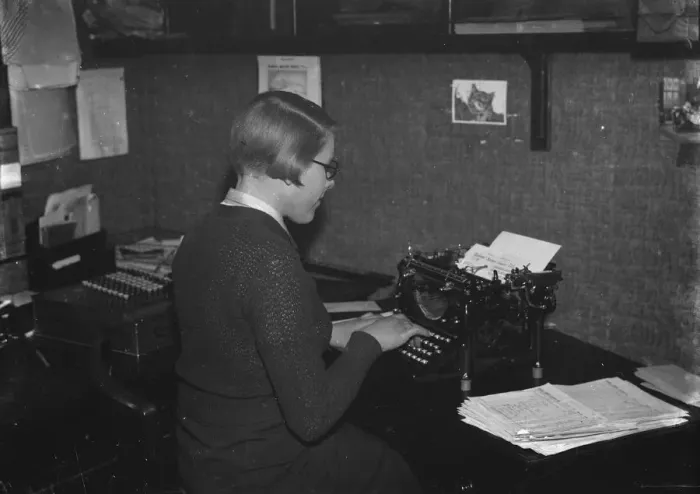 Framed Print : Miss Fowden, typist, at work. 1935