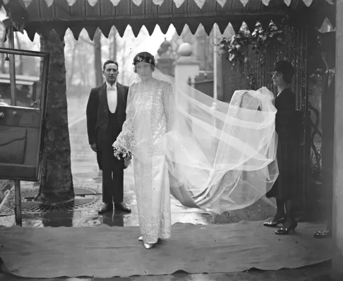 Framed Print : Miss Nancy Tennant leaving her house for her wedding to Mr Sylvester Gates at St Framed Print : Miss Nancy Tennant leaving her house for her wedding to Mr Sylvester Gates at St