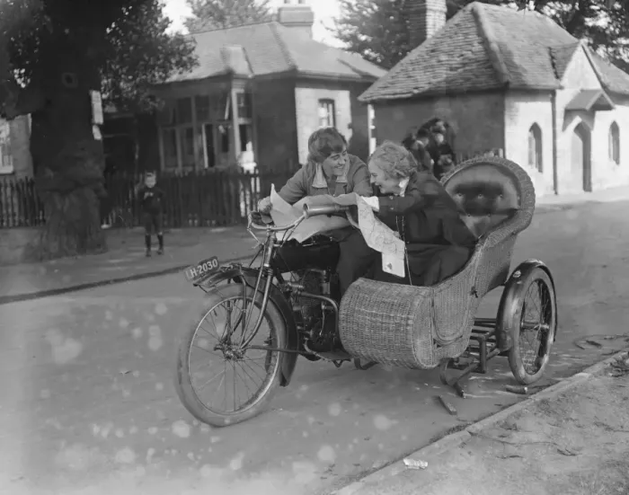 Framed Print : Miss Sybll Arundale and Miss Betty Fairfax out for a motor cycle trip Examining a map Framed Print : Miss Sybll Arundale and Miss Betty Fairfax out for a motor cycle trip Examining a map