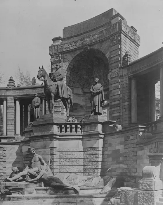 Framed Print : Moltke statue blown up at Halle. An attempt has been made at Halle, Saxony, to