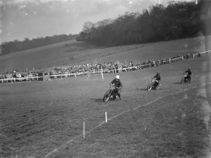 Framed Print : Motor cycling races at Brands Hatch. Scramblers take the bend. 1936 Framed Print : Motor cycling races at Brands Hatch. Scramblers take the bend. 1936
