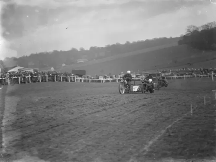 Framed Print : Motor cycling races at Brands Hatch A side car bike takes a corner during the race 1936 Framed Print : Motor cycling races at Brands Hatch A side car bike takes a corner during the race 1936