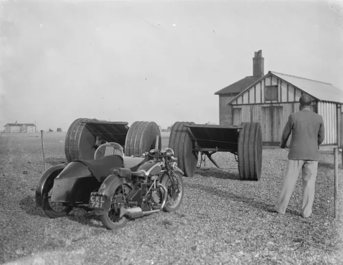 Framed Print : Motorbikes parked on the Dungeness beach in Kent. 1936 Framed Print : Motorbikes parked on the Dungeness beach in Kent. 1936