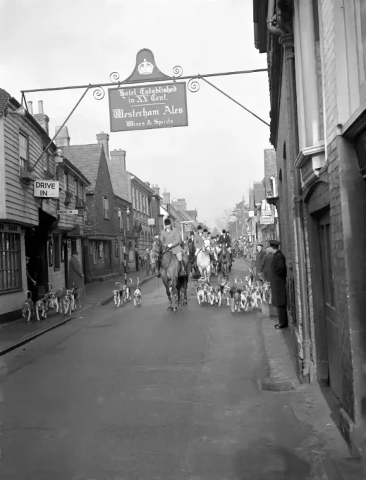 Framed Print : Moving off though the Kentish Village Old Surrey and Burstow Hunt moving off through Framed Print : Moving off though the Kentish Village Old Surrey and Burstow Hunt moving off through