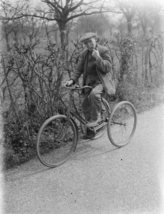 Framed Print : Mr Charles Johnson on a tricycle in Kingsdown, Kent. 1937 Framed Print : Mr Charles Johnson on a tricycle in Kingsdown, Kent. 1937