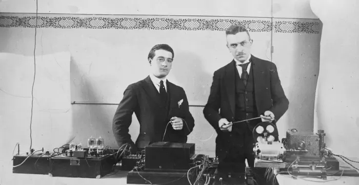 Framed Print : Mr Dullier ( left ) and wireless apparatus. September 1924 Framed Print : Mr Dullier ( left ) and wireless apparatus. September 1924