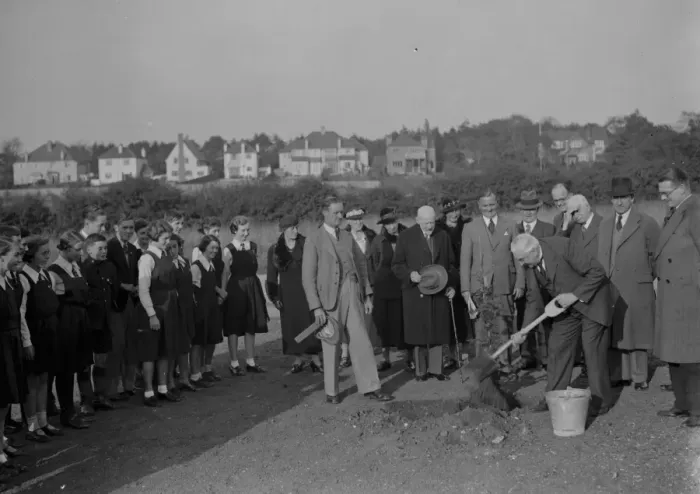 Framed Print : Mr E H Joynson plants a Coronation Tree at a school in Orpington, Kent Framed Print : Mr E H Joynson plants a Coronation Tree at a school in Orpington, Kent