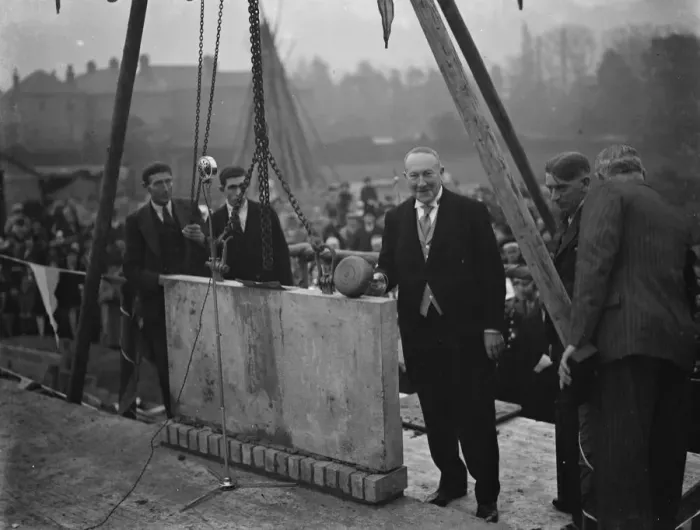 Framed Print : Mr E W Meyerstein, the High Sherrif of Kent, laying the foundation stone for Framed Print : Mr E W Meyerstein, the High Sherrif of Kent, laying the foundation stone for