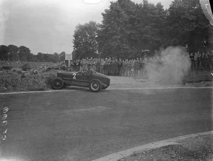 Framed Print : Mr H. L. Brooke, driving an MG Riley, again hit the banking, at exactly the same spot as before Framed Print : Mr H. L. Brooke, driving an MG Riley, again hit the banking, at exactly the same spot as before
