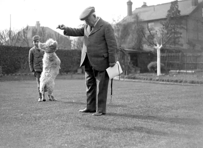 Framed Print : Mr Hammond making a dog jump in Sidcup, Kent. 1934 Framed Print : Mr Hammond making a dog jump in Sidcup, Kent. 1934