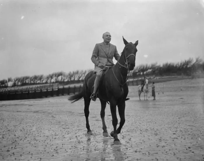Framed Print : Mr Hore Belisha spends his holiday - on horseback. Away from transport problems Framed Print : Mr Hore Belisha spends his holiday - on horseback. Away from transport problems