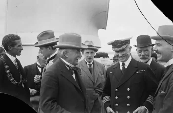 Framed Print : Mr Lloyd George leaves for America. Mr Lloyd George chatting to Captain Rostron
