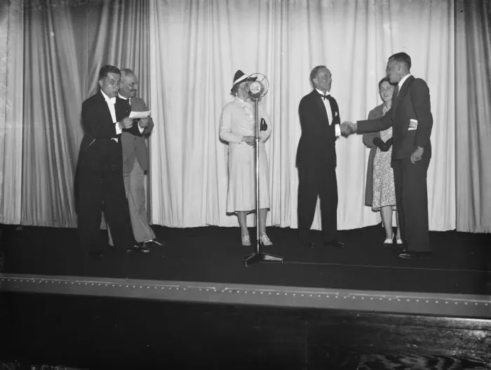 Framed Print : Mr and Mrs Robert Crook with the Cinegram prize winner at the Odeon on Eltham Hill Framed Print : Mr and Mrs Robert Crook with the Cinegram prize winner at the Odeon on Eltham Hill