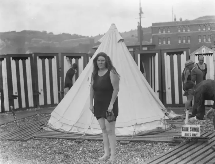 Framed Print : Mrs Barratt, who is endeavouring to swim the channel. 12 August 1926