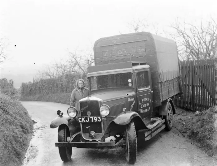 Framed Print : Mrs E Butcher posing next to as Butcher Carrier Bedford lorry from Wrotham, Kent Framed Print : Mrs E Butcher posing next to as Butcher Carrier Bedford lorry from Wrotham, Kent