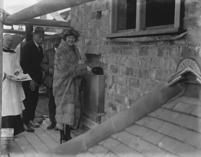 Framed Print : Mrs Holman, daughter of Sir Jesse and Lady Boot lays the foundation stone of Framed Print : Mrs Holman, daughter of Sir Jesse and Lady Boot lays the foundation stone of