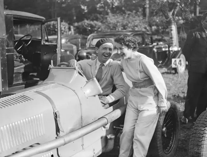 Framed Print : Mrs Kay Petre and Raymond Kays after their attempts on the famous Hill Climb. 29 Framed Print : Mrs Kay Petre and Raymond Kays after their attempts on the famous Hill Climb. 29