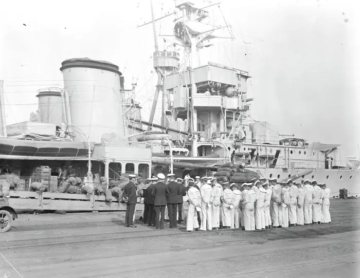 Framed Print : The near East Crisis, HMS Ceres a C class light cruiser recommissioning for rapid