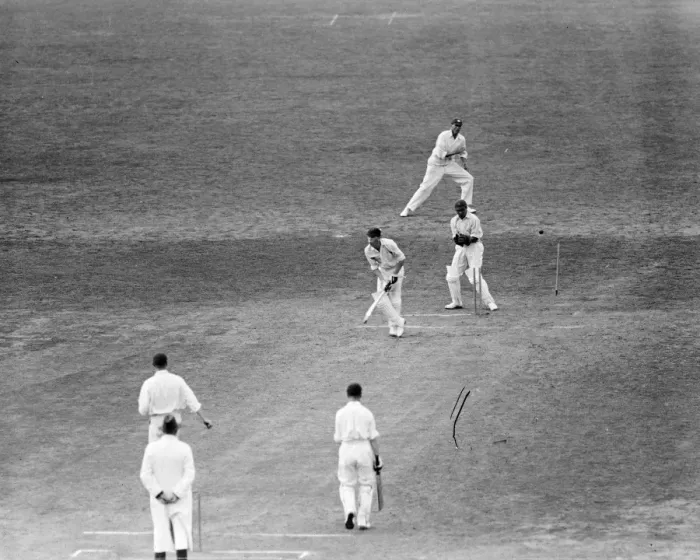 Framed Print : No need to widen the wicket. Hopwood ( Champion County ) has his middle stump sent flying Framed Print : No need to widen the wicket. Hopwood ( Champion County ) has his middle stump sent flying