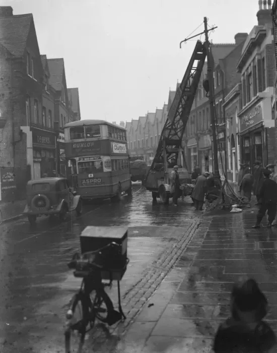 Framed Print : New lamp standards being set up in Sidcup, Kent. 1937 Framed Print : New lamp standards being set up in Sidcup, Kent. 1937