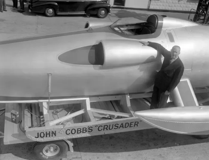 Framed Print : New Malden, Surrey: Driving ace John Cobb, with his revolutionary speed-boat Crusader Framed Print : New Malden, Surrey: Driving ace John Cobb, with his revolutionary speed-boat Crusader