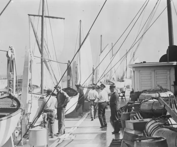 Framed Print : New sailing life boat gives liner a queer appearance A deck view of the Pacific Framed Print : New sailing life boat gives liner a queer appearance A deck view of the Pacific