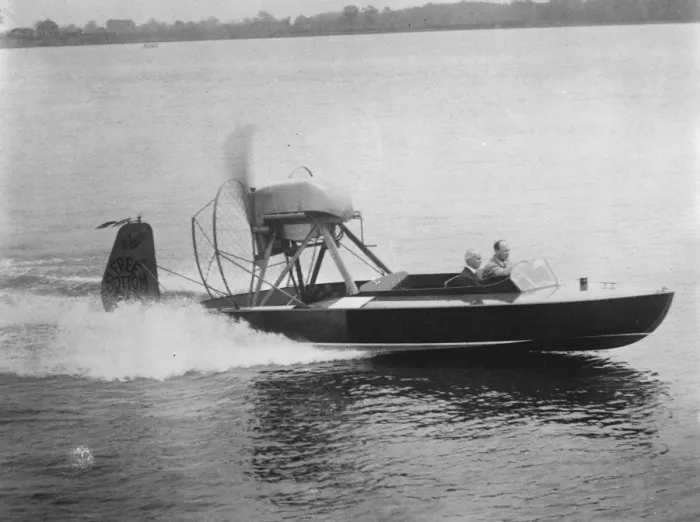 Framed Print : New type of air propelled boat. The whistler, a new type of air propelled boat Framed Print : New type of air propelled boat. The whistler, a new type of air propelled boat