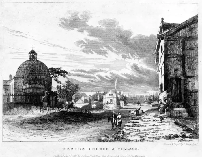 Framed Print : Newton Church and village with the London and Machester Railway passing in the background Framed Print : Newton Church and village with the London and Machester Railway passing in the background