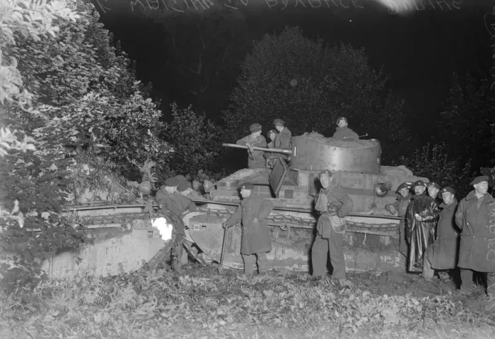 Framed Print : The night advance. Scenes somewhere in Wilts. Tanks under cover in the darkness Framed Print : The night advance. Scenes somewhere in Wilts. Tanks under cover in the darkness