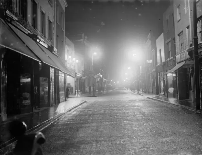 Framed Print : A nightime view of the new street lighting in the high street in Dartford, Kent Framed Print : A nightime view of the new street lighting in the high street in Dartford, Kent