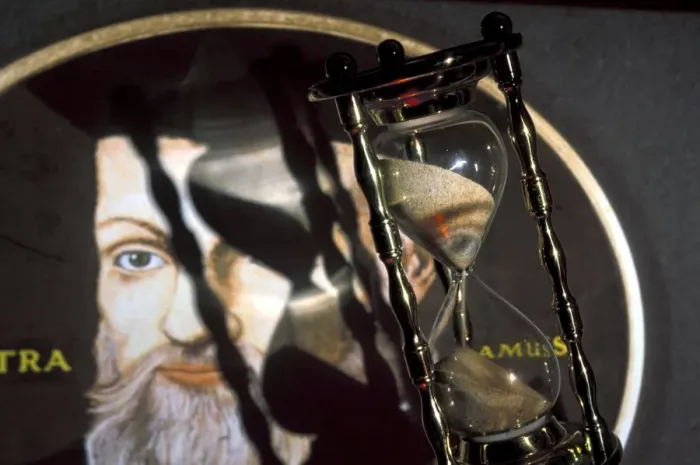 Framed Print : NOSTRADAMUS - Fantasy portrait of Nostradamus with hour-glass