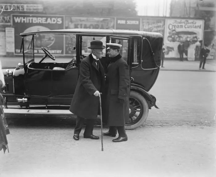 Framed Print : Notabilites arriving to witness the Varsities cricket match. Lord Lanadowne being Framed Print : Notabilites arriving to witness the Varsities cricket match. Lord Lanadowne being