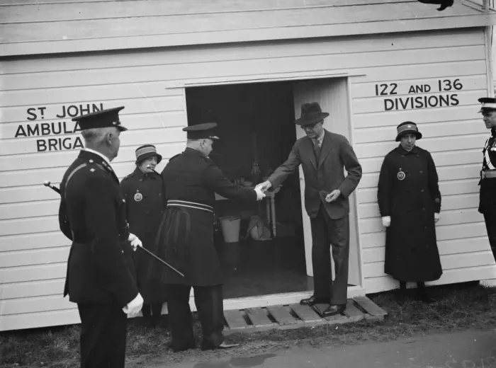 Framed Print : The official opening of the St Johns Ambulance hut at Kemnal Corner, Sidcup, Kent Framed Print : The official opening of the St Johns Ambulance hut at Kemnal Corner, Sidcup, Kent