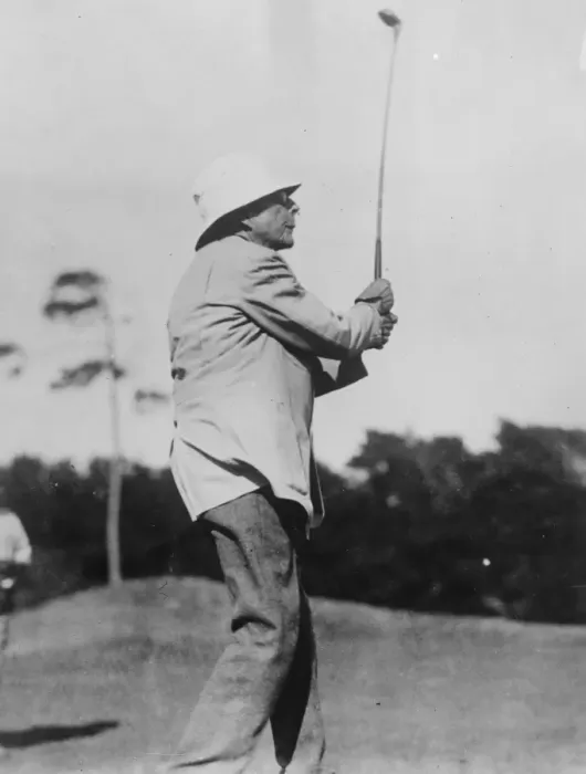 Framed Print : Oil King at golf. Mr J D Rockefeller watching the flight of his ball after a paticularly Framed Print : Oil King at golf. Mr J D Rockefeller watching the flight of his ball after a paticularly