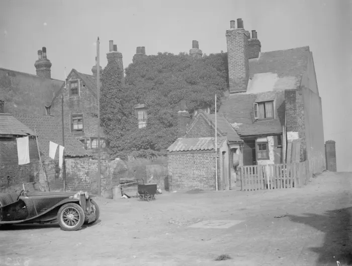 Framed Print : Old riverside cottages in Northfleet, Kent. 1938 Framed Print : Old riverside cottages in Northfleet, Kent. 1938