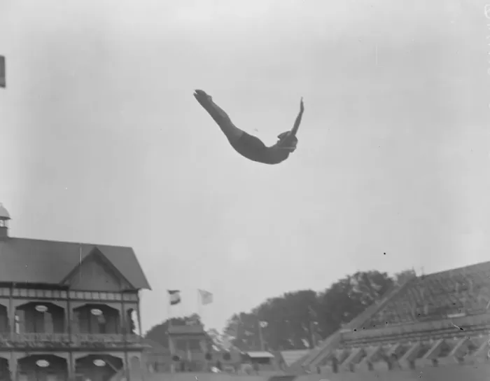 Framed Print : Olympic Games at Antwerp A graceful dive by a Swedish lady 24 August 1920