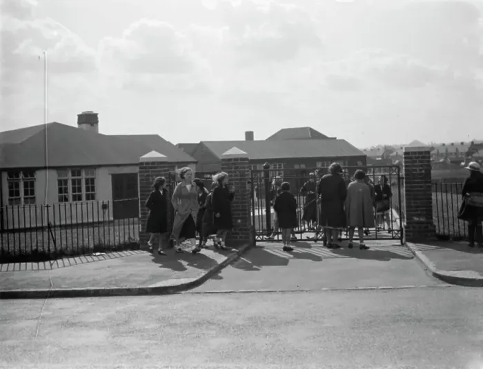 Framed Print : The opening of Blackfen Central School, Kent. External view from outside Framed Print : The opening of Blackfen Central School, Kent. External view from outside