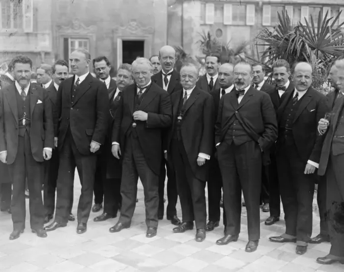 Framed Print : Opening of the Genoa conference. Mr Lloyd George and other members of the British