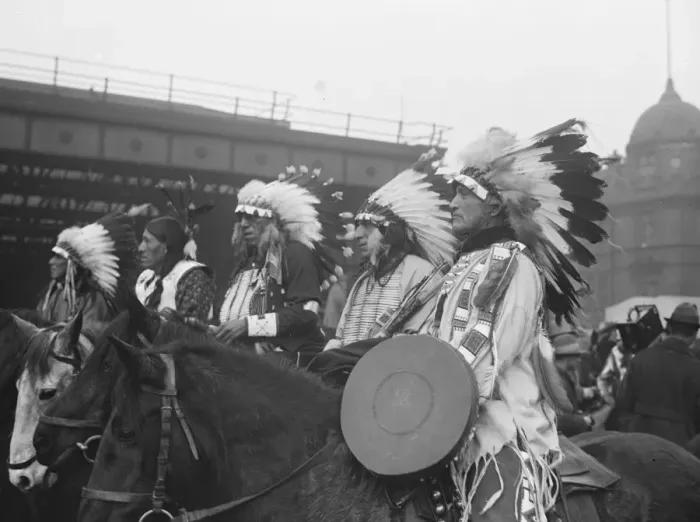 Framed Print : Original caption: Arrival of Red Indians in London. To appear at Olympia Circus Framed Print : Original caption: Arrival of Red Indians in London. To appear at Olympia Circus