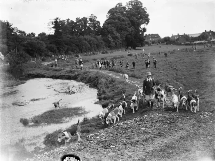 Framed Print : Otter hunt on the banks of the River Darent. 1939 Framed Print : Otter hunt on the banks of the River Darent. 1939